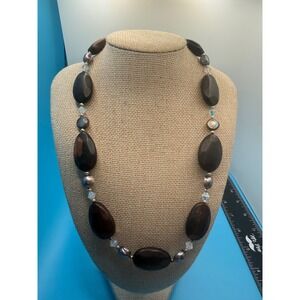 Dark Wood and Grey Baroque Pearl Beaded Necklace with Crystal Accents Toggle 19"